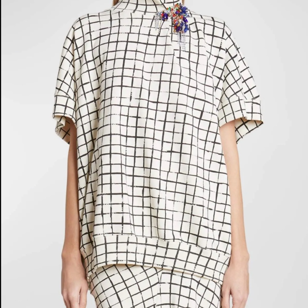 Dries Van Noten Halovara Grid Print Blouse Sweatshirt with Rhinestone Details - Picture 8 of 15